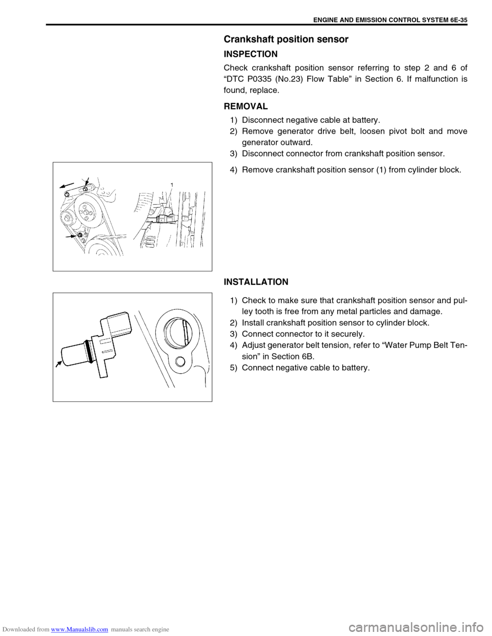 SUZUKI JIMNY 2005 3.G Service Workshop Manual Downloaded from www.Manualslib.com manuals search engine ENGINE AND EMISSION CONTROL SYSTEM 6E-35
Crankshaft position sensor
INSPECTION
Check crankshaft position sensor referring to step 2 and 6 of
†SUZUKI JIMNY 2005 3.G Service Workshop Manual Downloaded from www.Manualslib.com manuals search engine ENGINE AND EMISSION CONTROL SYSTEM 6E-35
Crankshaft position sensor
INSPECTION
Check crankshaft position sensor referring to step 2 and 6 of
â€