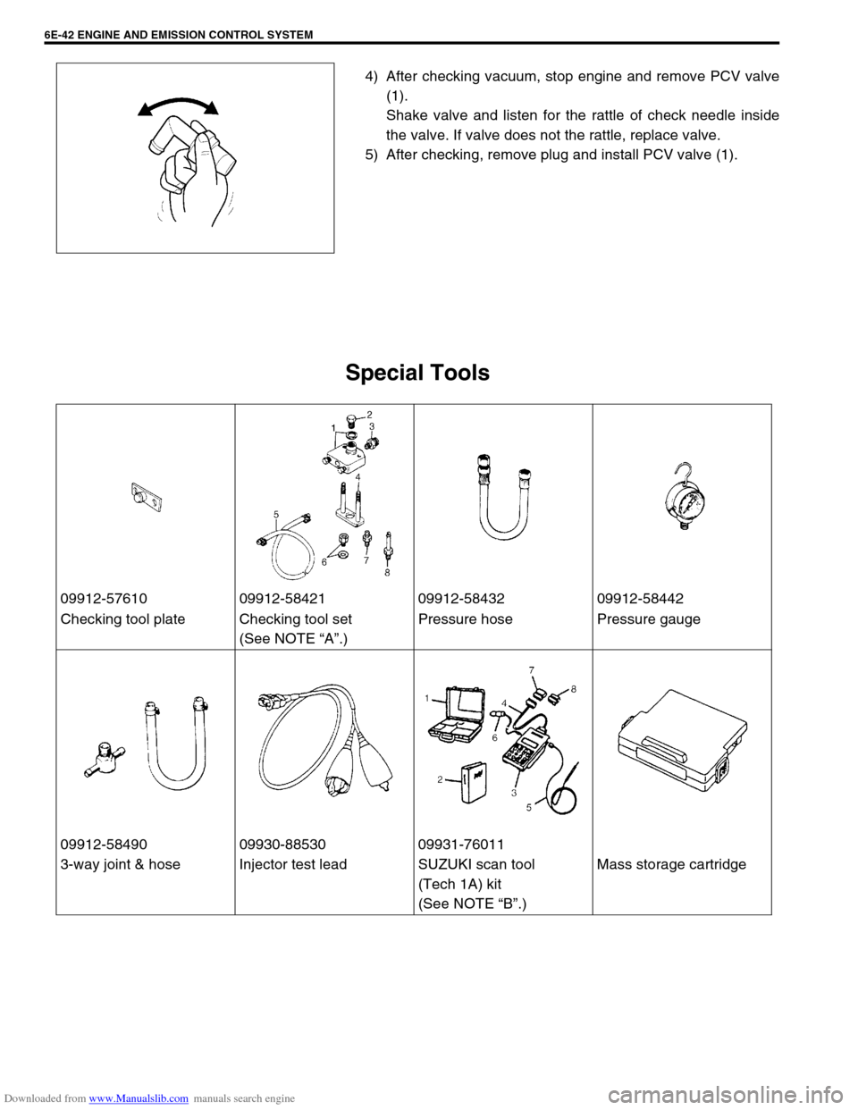 SUZUKI JIMNY 2005 3.G Service Workshop Manual Downloaded from www.Manualslib.com manuals search engine 6E-42 ENGINE AND EMISSION CONTROL SYSTEM
4) After checking vacuum, stop engine and remove PCV valve
(1).
Shake valve and listen for the rattle SUZUKI JIMNY 2005 3.G Service Workshop Manual Downloaded from www.Manualslib.com manuals search engine 6E-42 ENGINE AND EMISSION CONTROL SYSTEM
4) After checking vacuum, stop engine and remove PCV valve
(1).
Shake valve and listen for the rattle