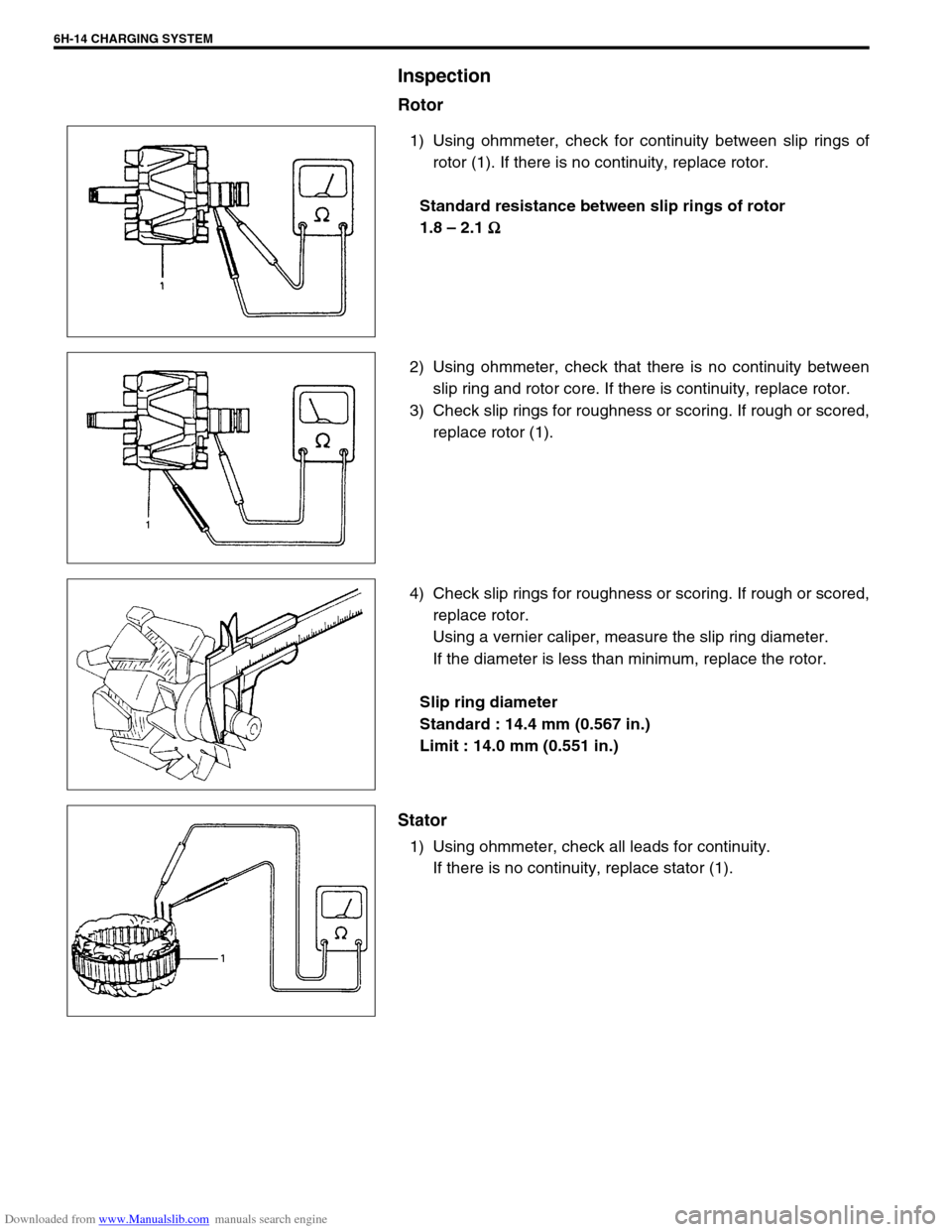 SUZUKI JIMNY 2005 3.G Service Workshop Manual Downloaded from www.Manualslib.com manuals search engine 6H-14 CHARGING SYSTEM
Inspection
Rotor
1) Using ohmmeter, check for continuity between slip rings of
rotor (1). If there is no continuity, repl