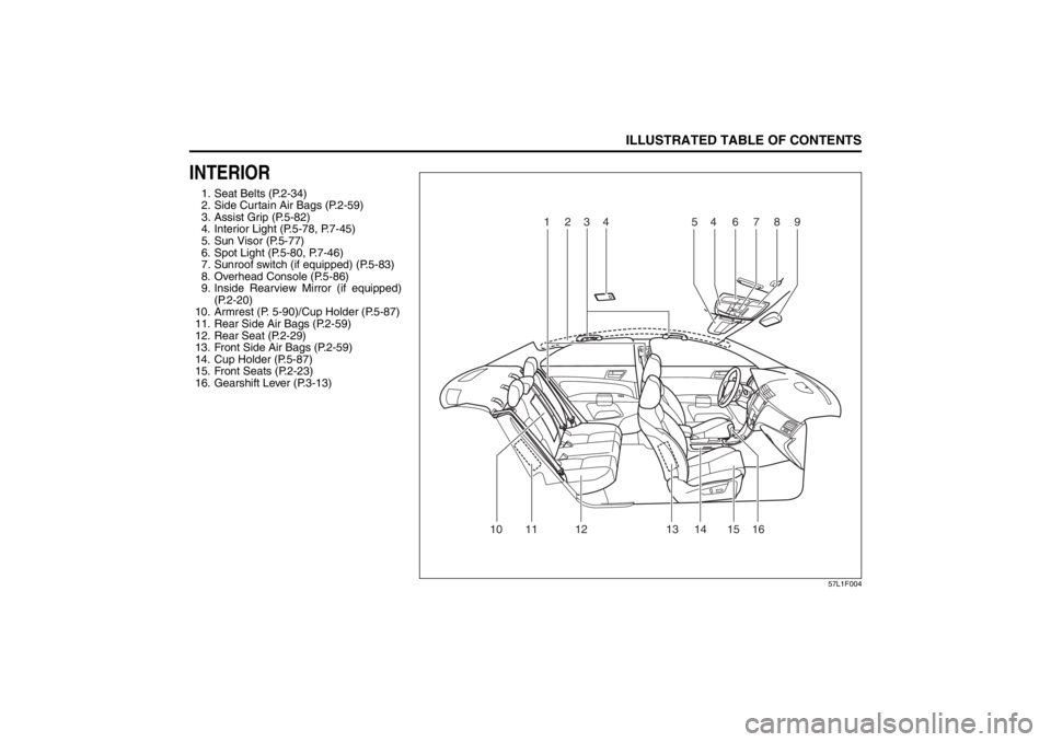SUZUKI KIZASHI 2010 1.G Owners Manual 
ILLUSTRATED TABLE OF CONTENTS
57L20-03E
INTERIOR1. Seat Belts (P.2-34)
2. Side Curtain Air Bags (P.2-59)
3. Assist Grip (P.5-82)
4. Interior Light (P.5-78, P.7-45)
5. Sun Visor (P.5-77)
6. Spot Light