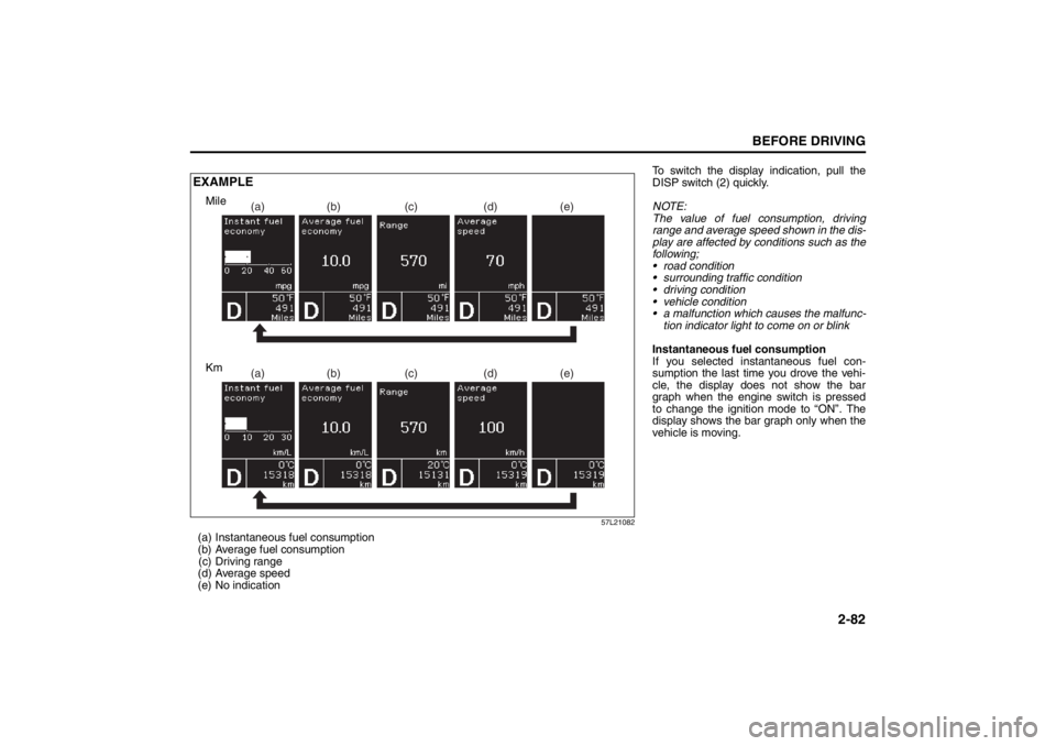 SUZUKI KIZASHI 2010 1.G Owners Manual 
2-82
BEFORE DRIVING
57L20-03E
57L21082
(a) Instantaneous fuel consumption
(b) Average fuel consumption(c) Driving range
(d) Average speed
(e) No indication
(a) (b) (c) (d) (e)(a) (b) (c) (d) (e)
EXAM