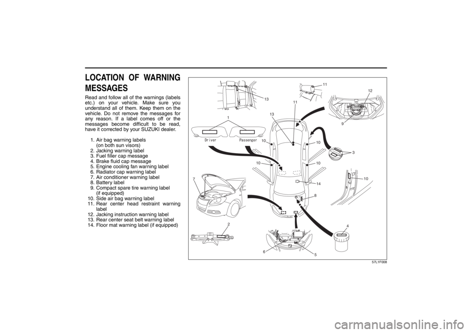 SUZUKI KIZASHI 2010 1.G Owners Manual 57L20-03E
LOCATION OF WARNING
MESSAGESRead and follow all of the warnings (labels
etc.) on your vehicle. Make sure you
understand all of them. Keep them on the
vehicle. Do not remove the messages for
