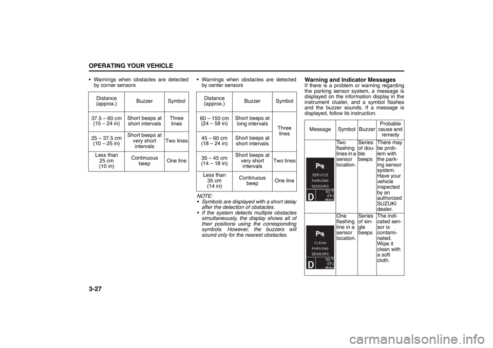 SUZUKI KIZASHI 2010 1.G Owners Manual 3-27OPERATING YOUR VEHICLE
57L20-03E
 Warnings when obstacles are detected
by corner sensors Warnings when obstacles are detected
by center sensors
NOTE:
 Symbols are displayed with a short delay
a