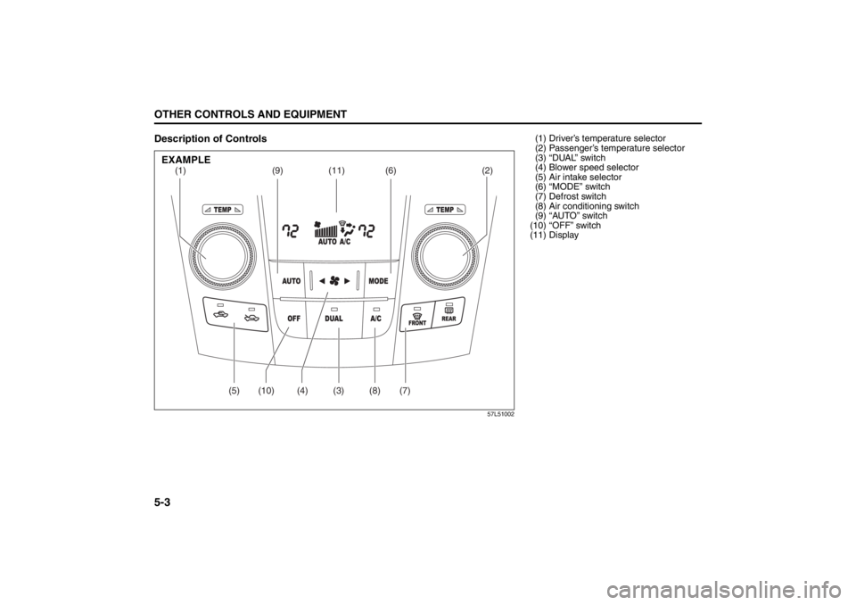 SUZUKI KIZASHI 2010 1.G Owners Manual 5-3OTHER CONTROLS AND EQUIPMENT
57L20-03E
Description of Controls
57L51002
(1) (9)
(6) (11)
(4)(2)
(5) (10) (3) (8) (7)
EXAMPLE
(1) Driver’s temperature selector
(2) Passenger’s temperature select SUZUKI KIZASHI 2010 1.G Owners Manual 5-3OTHER CONTROLS AND EQUIPMENT
57L20-03E
Description of Controls
57L51002
(1) (9)
(6) (11)
(4)(2)
(5) (10) (3) (8) (7)
EXAMPLE
(1) Driver’s temperature selector
(2) Passenger’s temperature select