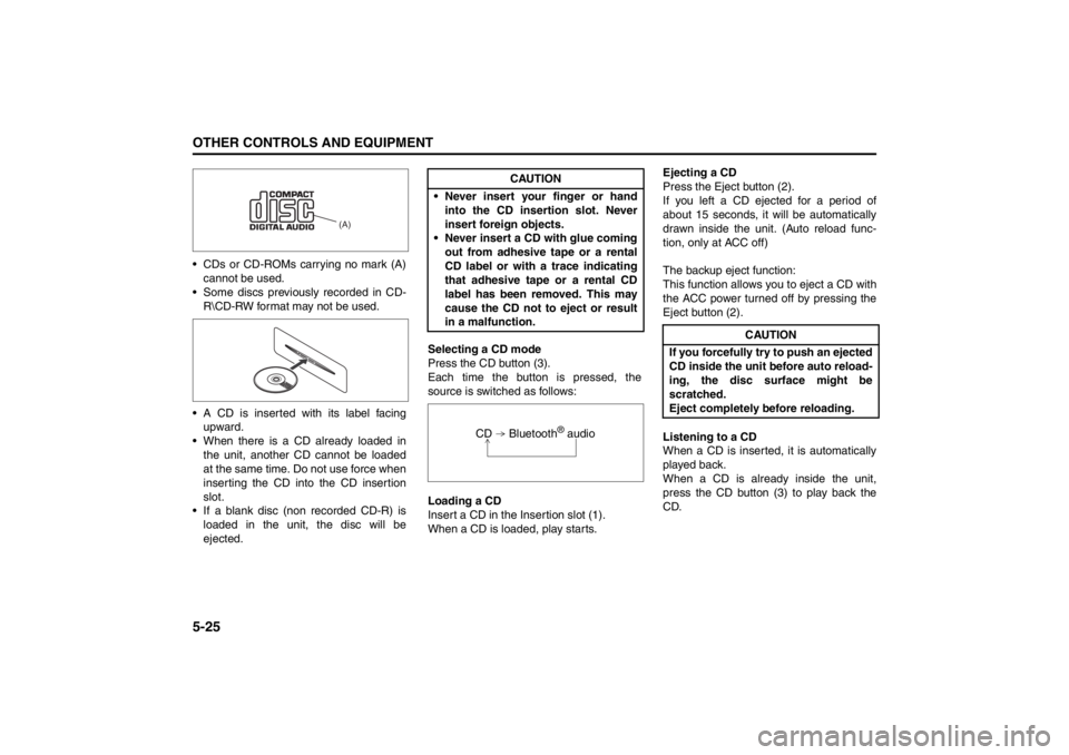 SUZUKI KIZASHI 2010 1.G Owners Manual 5-25OTHER CONTROLS AND EQUIPMENT
57L20-03E
 CDs or CD-ROMs carrying no mark (A)
cannot be used.
 Some discs previously recorded in CD-
R\CD-RW format may not be used.
 A CD is inserted with its lab