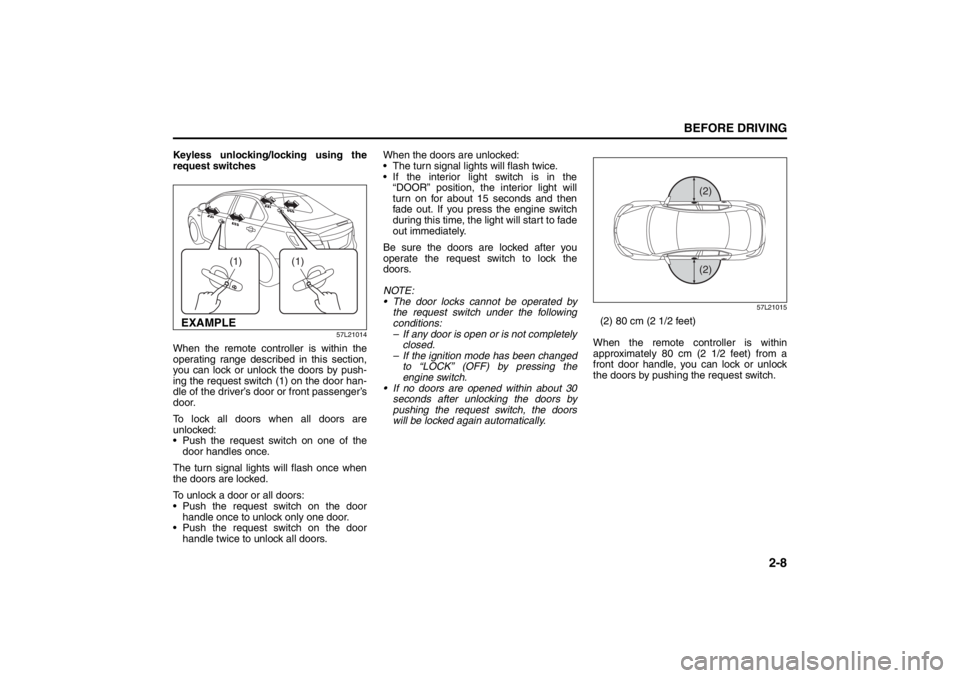 SUZUKI KIZASHI 2010 1.G Owners Manual 2-8
BEFORE DRIVING
57L20-03E
Keyless unlocking/locking using the
request switches
57L21014
When the remote controller is within the
operating range described in this section,
you can lock or unlock th SUZUKI KIZASHI 2010 1.G Owners Manual 2-8
BEFORE DRIVING
57L20-03E
Keyless unlocking/locking using the
request switches
57L21014
When the remote controller is within the
operating range described in this section,
you can lock or unlock th