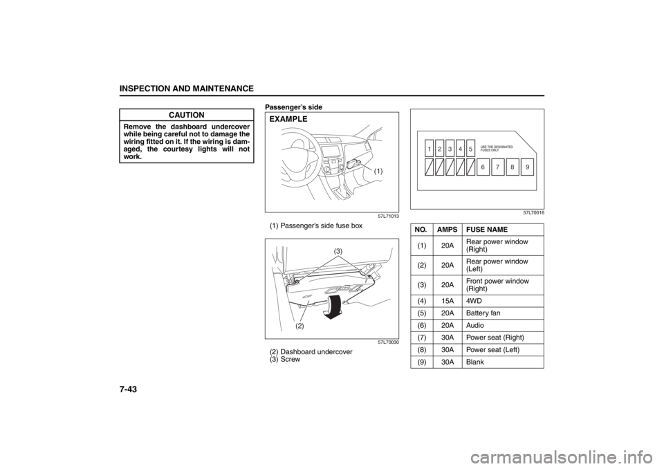 SUZUKI KIZASHI 2010 1.G Owners Manual 7-43INSPECTION AND MAINTENANCE
57L20-03E
Passenger’s side
57L71013
(1) Passenger’s side fuse box
57L70030
(2) Dashboard undercover
(3) Screw
57L70016
CAUTION
Remove the dashboard undercover
while SUZUKI KIZASHI 2010 1.G Owners Manual 7-43INSPECTION AND MAINTENANCE
57L20-03E
Passenger’s side
57L71013
(1) Passenger’s side fuse box
57L70030
(2) Dashboard undercover
(3) Screw
57L70016
CAUTION
Remove the dashboard undercover
while