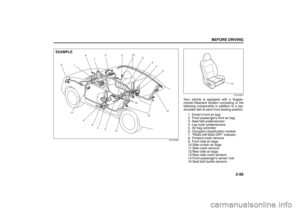SUZUKI KIZASHI 2010 1.G Manual PDF 2-56
BEFORE DRIVING
57L20-03E
57L21050
17210
9
3
4
12
1213
4
3 9 11 8
811
6
5
15
EXAMPLE
57L21051
Your vehicle is equipped with a Supple-
mental Restraint System consisting of the
following components SUZUKI KIZASHI 2010 1.G Manual PDF 2-56
BEFORE DRIVING
57L20-03E
57L21050
17210
9
3
4
12
1213
4
3 9 11 8
811
6
5
15
EXAMPLE
57L21051
Your vehicle is equipped with a Supple-
mental Restraint System consisting of the
following components