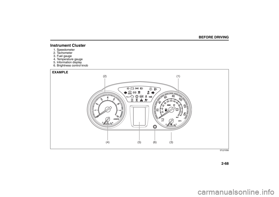 SUZUKI KIZASHI 2010 1.G Manual Online 2-68
BEFORE DRIVING
57L20-03E
Instrument Cluster1. Speedometer
2. Tachometer
3. Fuel gauge
4. Temperature gauge
5. Information display
6. Brightness control knob
57L21056
(2)
(1)
(3)
(6)
(5)
(4)
EXAMP SUZUKI KIZASHI 2010 1.G Manual Online 2-68
BEFORE DRIVING
57L20-03E
Instrument Cluster1. Speedometer
2. Tachometer
3. Fuel gauge
4. Temperature gauge
5. Information display
6. Brightness control knob
57L21056
(2)
(1)
(3)
(6)
(5)
(4)
EXAMP