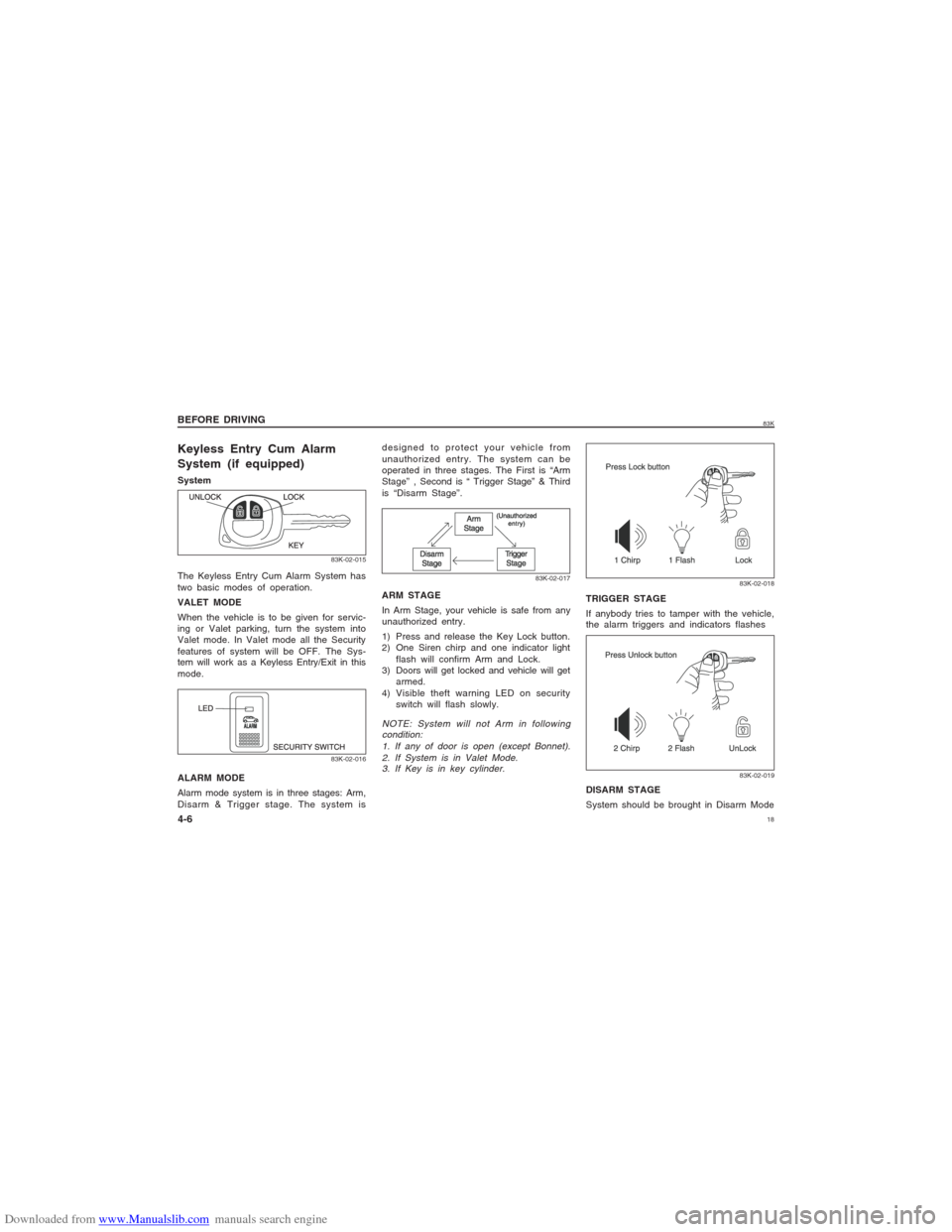 SUZUKI MARUTI 2005 1.G Owners Manual Downloaded from www.Manualslib.com manuals search engine 1883K
BEFORE DRIVING
4-6Keyless Entry Cum Alarm
System (if equipped)System
83K-02-015
The Keyless Entry Cum Alarm System has
two basic modes of