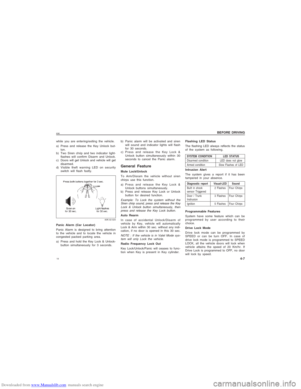 SUZUKI MARUTI 2005 1.G Owners Manual Downloaded from www.Manualslib.com manuals search engine 1983K
BEFORE DRIVING
4-7
while you are entering/exiting the vehicle.
a) Press and release the Key Unlock but-
ton.
b) Two Siren chrip and two i