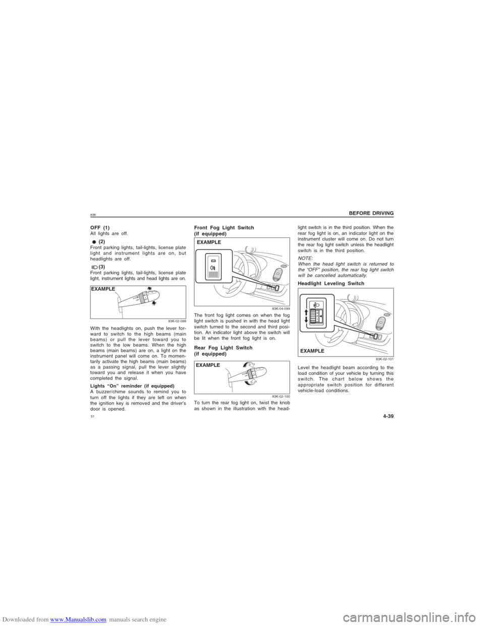 SUZUKI MARUTI 2005 1.G Workshop Manual Downloaded from www.Manualslib.com manuals search engine 5183KEXAMPLE
83K-02-098
With the headlights on, push the lever for-
ward to switch to the high beams (main
beams) or pull the lever toward you SUZUKI MARUTI 2005 1.G Workshop Manual Downloaded from www.Manualslib.com manuals search engine 5183KEXAMPLE
83K-02-098
With the headlights on, push the lever for-
ward to switch to the high beams (main
beams) or pull the lever toward you