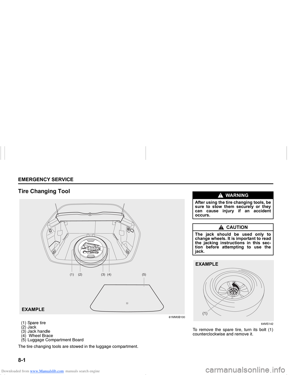SUZUKI NEXA 2015 1.G Owners Manual Downloaded from www.Manualslib.com manuals search engine ����(�0�(�5�*�(�1�&�<��6�(�5�9�,�&�(
���0�6�����(
�7�L�U�H��&�K�D�Q�J�L�Q�J��7�R�R�O
61MM0B100
(1) Spare tire
(2) Jack
(3) Jack han