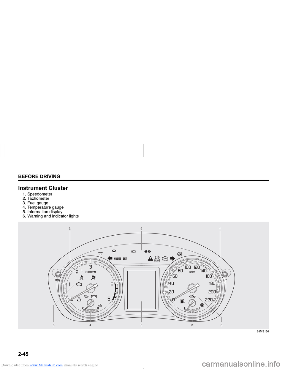 SUZUKI NEXA 2015 1.G Repair Manual Downloaded from www.Manualslib.com manuals search engine �����%�(�)�2�5�(���5�,�9�,�1�*
���0�6�����(
�,�Q�V�W�U�X�P�H�Q�W��&�O�X�V�W�H�U1. Speedometer
2. Tachometer
3. Fuel gauge
4. Tempe