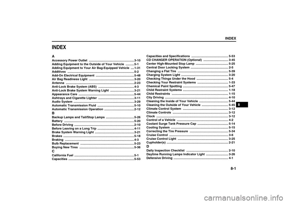 SUZUKI RENO 2008 1.G Owners Manual 8-1
INDEX
88
85Z14-03E
INDEXAAccessory Power Outlet
 .....................................................3-10
Adding Equipment to the Outside of Your Vehicle
 ..........5-1
Adding Equipment to Your A