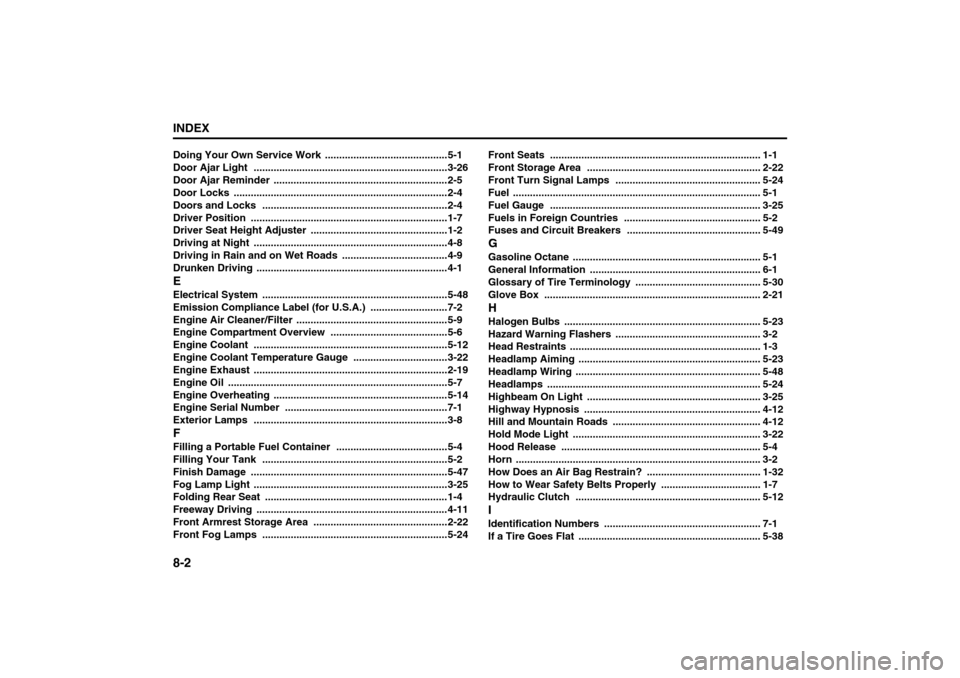 SUZUKI RENO 2008 1.G Owners Manual 8-2INDEX
85Z14-03E
Doing Your Own Service Work
 ...........................................5-1
Door Ajar Light
 ....................................................................3-26
Door Ajar Remin