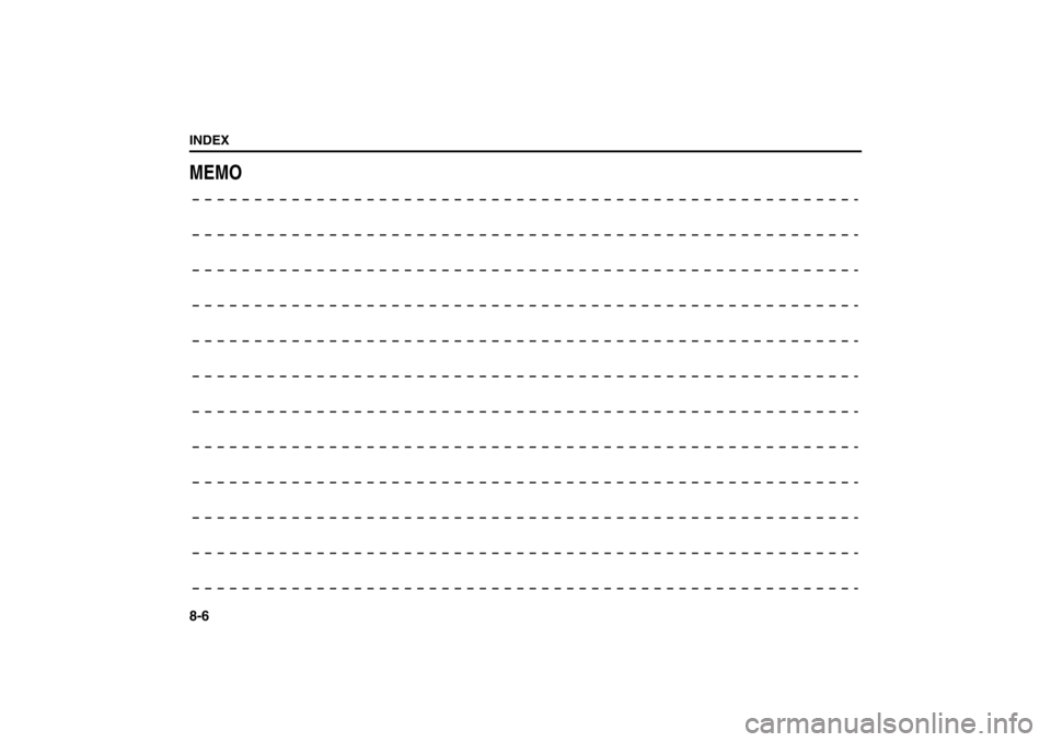 SUZUKI RENO 2008 1.G Owners Manual 8-6INDEX
85Z14-03E
MEMO SUZUKI RENO 2008 1.G Owners Manual 8-6INDEX
85Z14-03E
MEMO