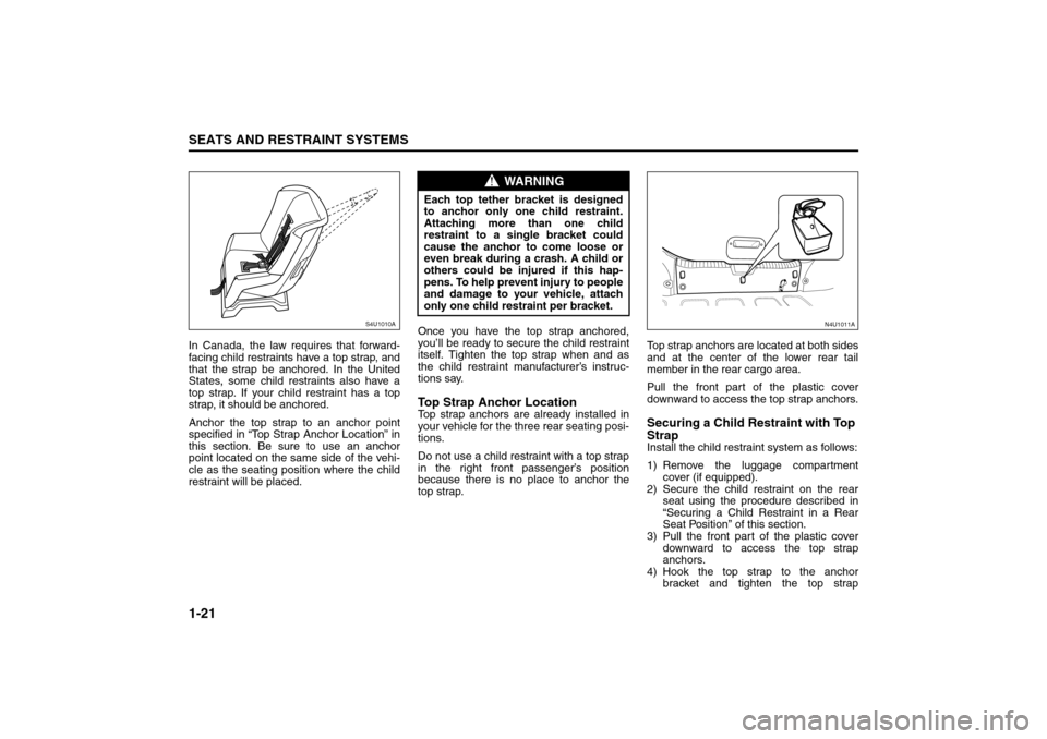 SUZUKI RENO 2008 1.G Owners Guide 1-21SEATS AND RESTRAINT SYSTEMS
85Z14-03E
In Canada, the law requires that forward-
facing child restraints have a top strap, and
that the strap be anchored. In the United
States, some child restraint SUZUKI RENO 2008 1.G Owners Guide 1-21SEATS AND RESTRAINT SYSTEMS
85Z14-03E
In Canada, the law requires that forward-
facing child restraints have a top strap, and
that the strap be anchored. In the United
States, some child restraint
