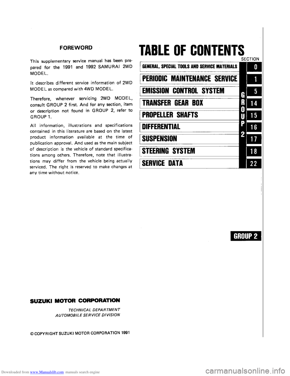 SUZUKI SAMURAI 1991 2.G 2WD Supplementary Service Workshop Manual Downloaded from www.Manualslib.com manuals search engine SUZUKI SAMURAI 1991 2.G 2WD Supplementary Service Workshop Manual Downloaded from www.Manualslib.com manuals search engine