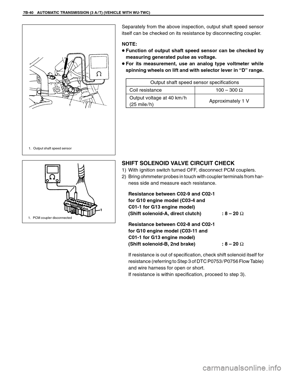 SUZUKI SWIFT 2000 1.G SF310 Service Service Manual 1. Output shaft speed sensor
1. PCM coupler disconnected
7B-40 AUTOMATIC TRANSMISSION (3 A / T) (VEHICLE WITH WU-TWC)
Separately from the above inspection, output shaft speed sensor
itself can be chec