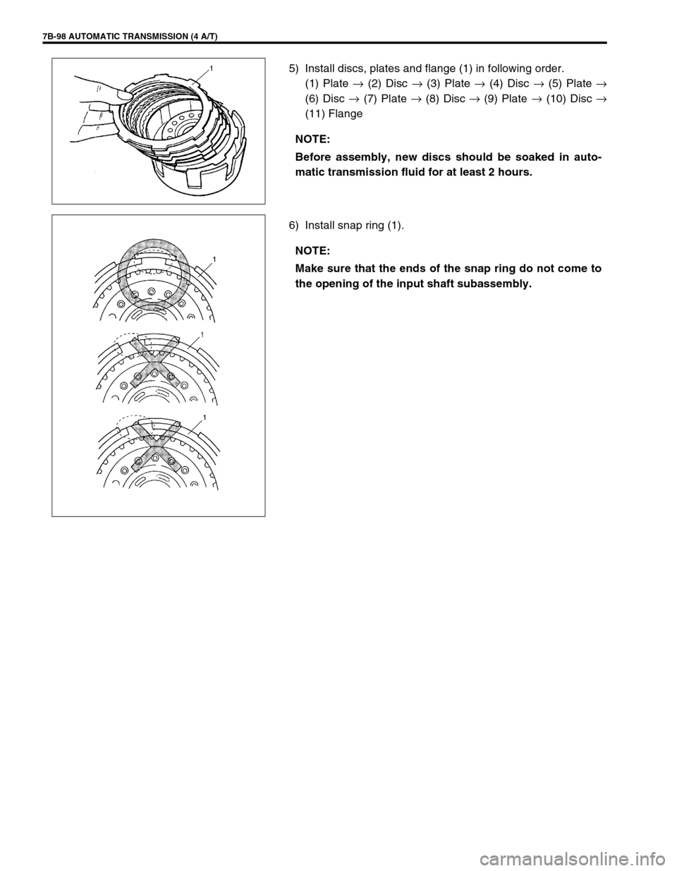 SUZUKI SWIFT 2000 1.G Transmission Service Owners Guide 7B-98 AUTOMATIC TRANSMISSION (4 A/T)
5) Install discs, plates and flange (1) in following order.
(1) Plate →
(2) Disc →
(3) Plate →
(4) Disc →
(5) Plate →
(6) Disc →
(7) Plate →
(8 SUZUKI SWIFT 2000 1.G Transmission Service Owners Guide 7B-98 AUTOMATIC TRANSMISSION (4 A/T)
5) Install discs, plates and flange (1) in following order.
(1) Plate →
(2) Disc →
(3) Plate →
(4) Disc →
(5) Plate →
(6) Disc →
(7) Plate →
(8
