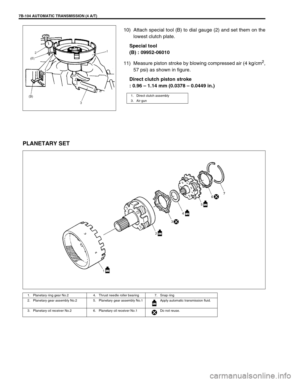 SUZUKI SWIFT 2000 1.G Transmission Service Owners Guide 7B-104 AUTOMATIC TRANSMISSION (4 A/T)
10) Attach special tool (B) to dial gauge (2) and set them on the
lowest clutch plate.
Special tool
(B) : 09952-06010
11) Measure piston stroke by blowing compres SUZUKI SWIFT 2000 1.G Transmission Service Owners Guide 7B-104 AUTOMATIC TRANSMISSION (4 A/T)
10) Attach special tool (B) to dial gauge (2) and set them on the
lowest clutch plate.
Special tool
(B) : 09952-06010
11) Measure piston stroke by blowing compres