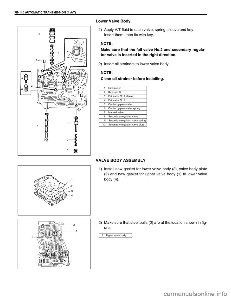 SUZUKI SWIFT 2000 1.G Transmission Service Workshop Manual 7B-110 AUTOMATIC TRANSMISSION (4 A/T)
Lower Valve Body
1) Apply A/T fluid to each valve, spring, sleeve and key.
Insert them, then fix with key.
2) Insert oil strainers to lower valve body.
VALVE BODY