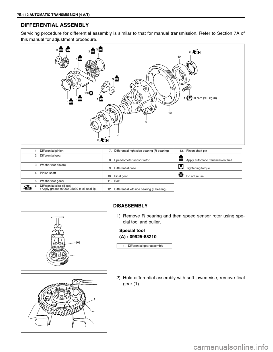 SUZUKI SWIFT 2000 1.G Transmission Service Workshop Manual 7B-112 AUTOMATIC TRANSMISSION (4 A/T)
DIFFERENTIAL ASSEMBLY
Servicing procedure for differential assembly is similar to that for manual transmission. Refer to Section 7A of
this manual for adjustment 
