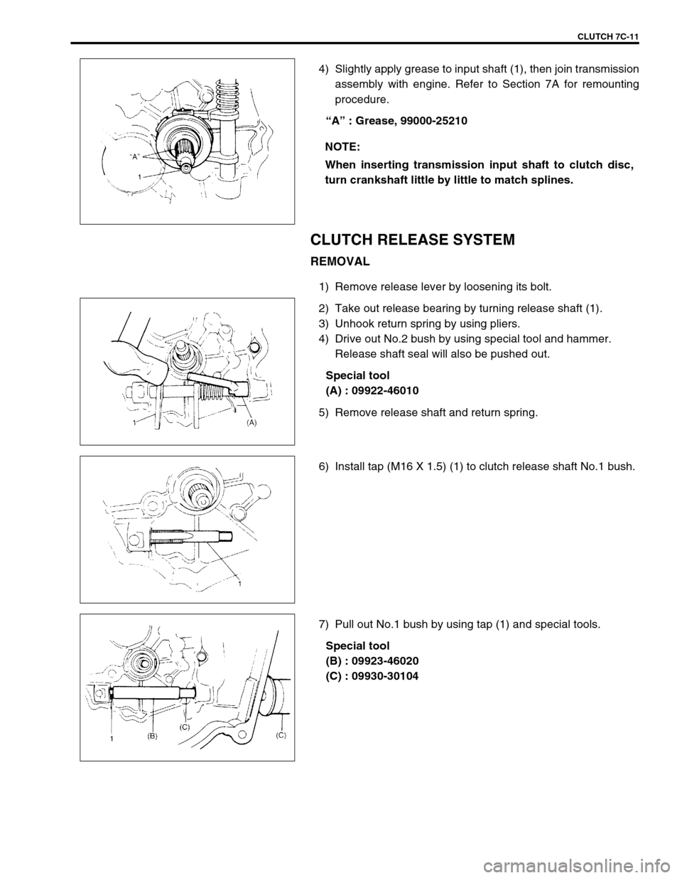 SUZUKI SWIFT 2000 1.G Transmission Service Service Manual CLUTCH 7C-11
4) Slightly apply grease to input shaft (1), then join transmission
assembly with engine. Refer to Section 7A for remounting
procedure.
“A” : Grease, 99000-25210
CLUTCH RELEASE SYSTEM