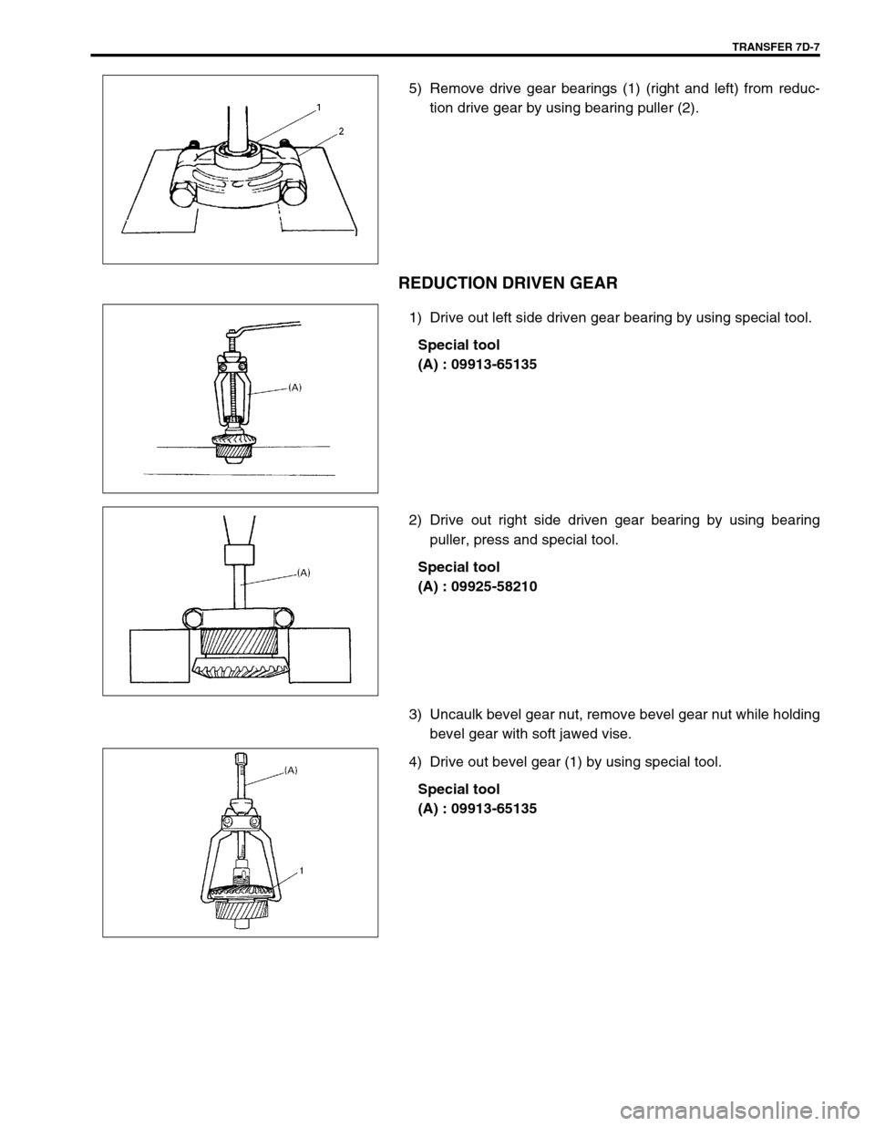 SUZUKI SWIFT 2000 1.G Transmission Service Workshop Manual TRANSFER 7D-7
5) Remove drive gear bearings (1) (right and left) from reduc-
tion drive gear by using bearing puller (2).
REDUCTION DRIVEN GEAR
1) Drive out left side driven gear bearing by using spec SUZUKI SWIFT 2000 1.G Transmission Service Workshop Manual TRANSFER 7D-7
5) Remove drive gear bearings (1) (right and left) from reduc-
tion drive gear by using bearing puller (2).
REDUCTION DRIVEN GEAR
1) Drive out left side driven gear bearing by using spec