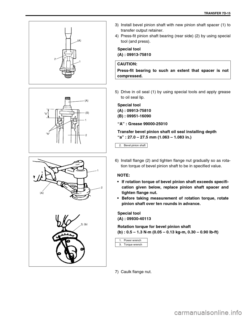 SUZUKI SWIFT 2000 1.G Transmission Service Workshop Manual TRANSFER 7D-15
3) Install bevel pinion shaft with new pinion shaft spacer (1) to
transfer output retainer.
4) Press-fit pinion shaft bearing (rear side) (2) by using special
tool (and press).
Special SUZUKI SWIFT 2000 1.G Transmission Service Workshop Manual TRANSFER 7D-15
3) Install bevel pinion shaft with new pinion shaft spacer (1) to
transfer output retainer.
4) Press-fit pinion shaft bearing (rear side) (2) by using special
tool (and press).
Special