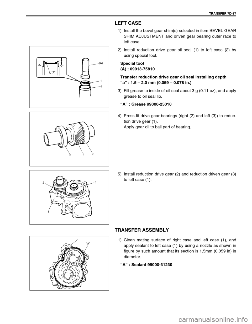 SUZUKI SWIFT 2000 1.G Transmission Service Workshop Manual TRANSFER 7D-17
LEFT CASE
1) Install the bevel gear shim(s) selected in item BEVEL GEAR
SHIM ADJUSTMENT and driven gear bearing outer race to
left case.
2) Install reduction drive gear oil seal (1) to SUZUKI SWIFT 2000 1.G Transmission Service Workshop Manual TRANSFER 7D-17
LEFT CASE
1) Install the bevel gear shim(s) selected in item BEVEL GEAR
SHIM ADJUSTMENT and driven gear bearing outer race to
left case.
2) Install reduction drive gear oil seal (1) to