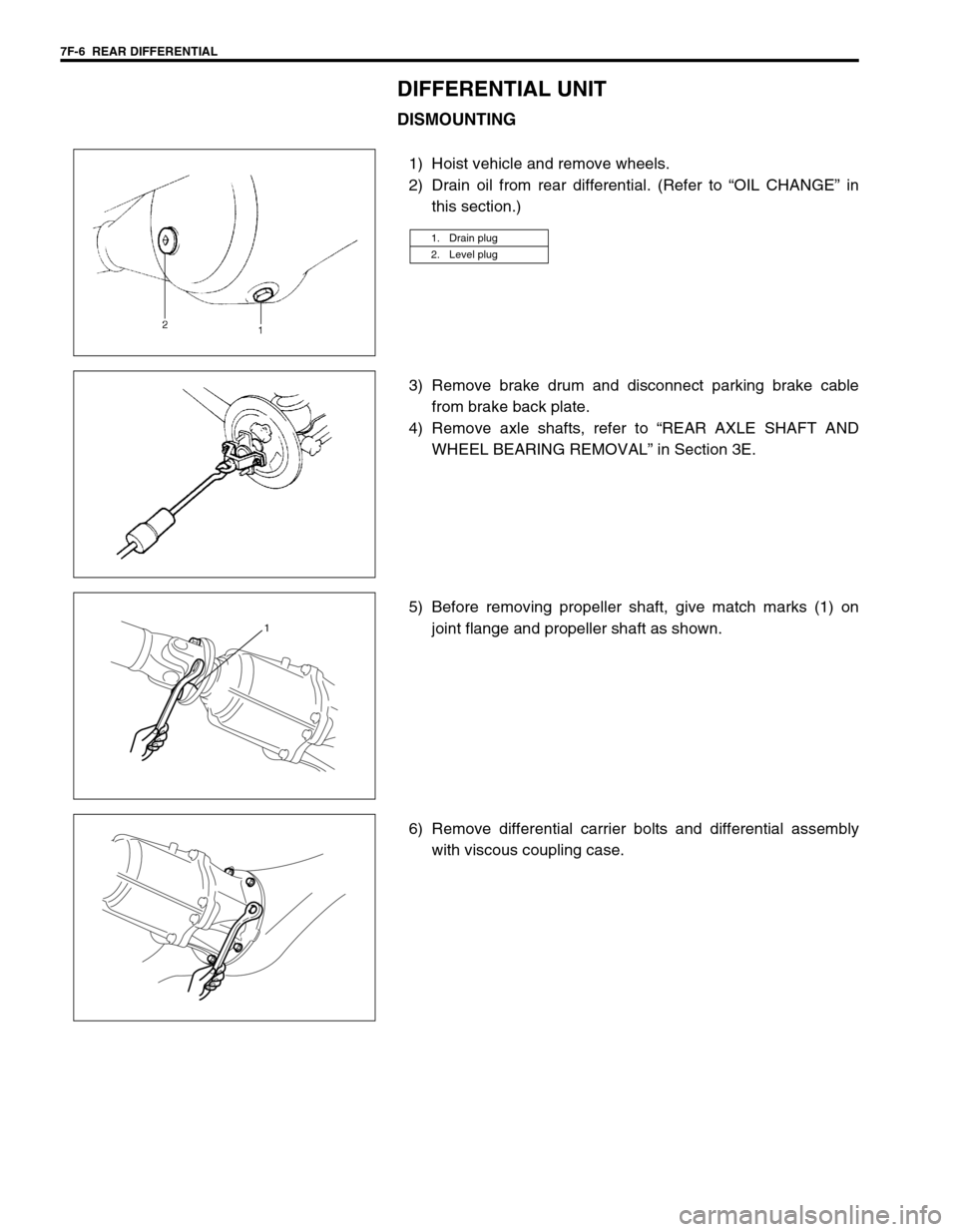 SUZUKI SWIFT 2000 1.G Transmission Service Workshop Manual 7F-6  REAR DIFFERENTIAL
DIFFERENTIAL UNIT
DISMOUNTING
1) Hoist vehicle and remove wheels.
2) Drain oil from rear differential. (Refer to “OIL CHANGE” in
this section.)
3) Remove brake drum and dis