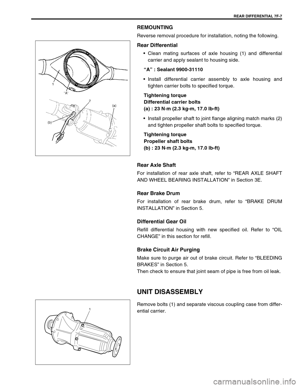 SUZUKI SWIFT 2000 1.G Transmission Service Workshop Manual REAR DIFFERENTIAL 7F-7
REMOUNTING
Reverse removal procedure for installation, noting the following.
Rear Differential
Clean mating surfaces of axle housing (1) and differential
carrier and apply seal