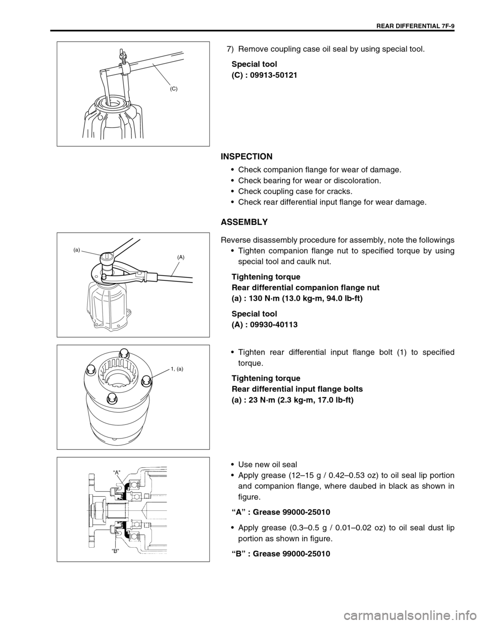 SUZUKI SWIFT 2000 1.G Transmission Service Workshop Manual REAR DIFFERENTIAL 7F-9
7) Remove coupling case oil seal by using special tool.
Special tool
(C) : 09913-50121
INSPECTION
Check companion flange for wear of damage.
Check bearing for wear or discolor SUZUKI SWIFT 2000 1.G Transmission Service Workshop Manual REAR DIFFERENTIAL 7F-9
7) Remove coupling case oil seal by using special tool.
Special tool
(C) : 09913-50121
INSPECTION
Check companion flange for wear of damage.
Check bearing for wear or discolor