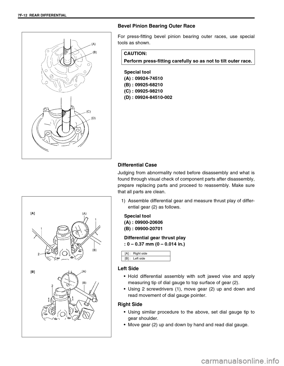 SUZUKI SWIFT 2000 1.G Transmission Service Workshop Manual 7F-12 REAR DIFFERENTIAL
Bevel Pinion Bearing Outer Race
For press-fitting bevel pinion bearing outer races, use special
tools as shown.
Special tool
(A) : 09924-74510
(B) : 09925-68210
(C) : 09925-98 SUZUKI SWIFT 2000 1.G Transmission Service Workshop Manual 7F-12 REAR DIFFERENTIAL
Bevel Pinion Bearing Outer Race
For press-fitting bevel pinion bearing outer races, use special
tools as shown.
Special tool
(A) : 09924-74510
(B) : 09925-68210
(C) : 09925-98