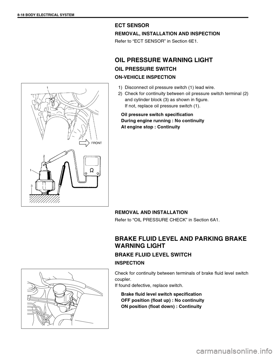 SUZUKI SWIFT 2000 1.G Transmission Service Service Manual 8-18 BODY ELECTRICAL SYSTEM
ECT SENSOR
REMOVAL, INSTALLATION AND INSPECTION
Refer to “ECT SENSOR” in Section 6E1.
OIL PRESSURE WARNING LIGHT
OIL PRESSURE SWITCH
ON-VEHICLE INSPECTION
1) Disconnect
