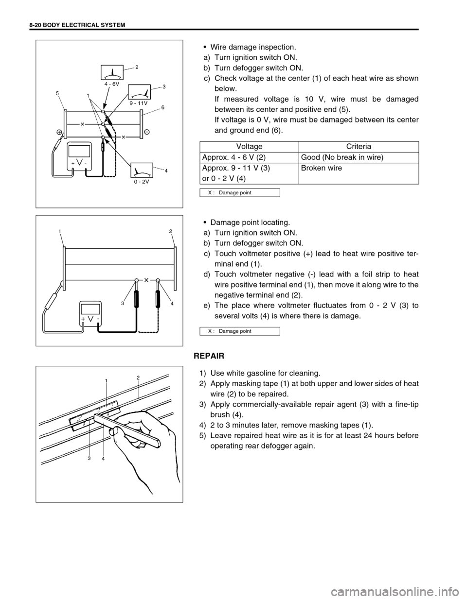 SUZUKI SWIFT 2000 1.G Transmission Service Workshop Manual 8-20 BODY ELECTRICAL SYSTEM
Wire damage inspection.
a) Turn ignition switch ON.
b) Turn defogger switch ON.
c) Check voltage at the center (1) of each heat wire as shown
below.
If measured voltage is SUZUKI SWIFT 2000 1.G Transmission Service Workshop Manual 8-20 BODY ELECTRICAL SYSTEM
Wire damage inspection.
a) Turn ignition switch ON.
b) Turn defogger switch ON.
c) Check voltage at the center (1) of each heat wire as shown
below.
If measured voltage is