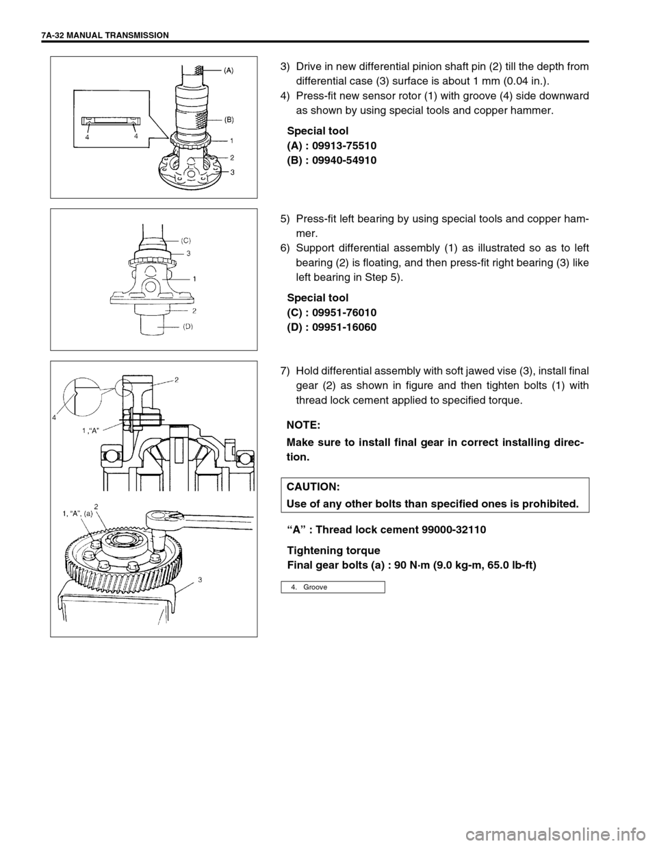 SUZUKI SWIFT 2000 1.G Transmission Service Workshop Manual 7A-32 MANUAL TRANSMISSION
3) Drive in new differential pinion shaft pin (2) till the depth from
differential case (3) surface is about 1 mm (0.04 in.).
4) Press-fit new sensor rotor (1) with groove (4