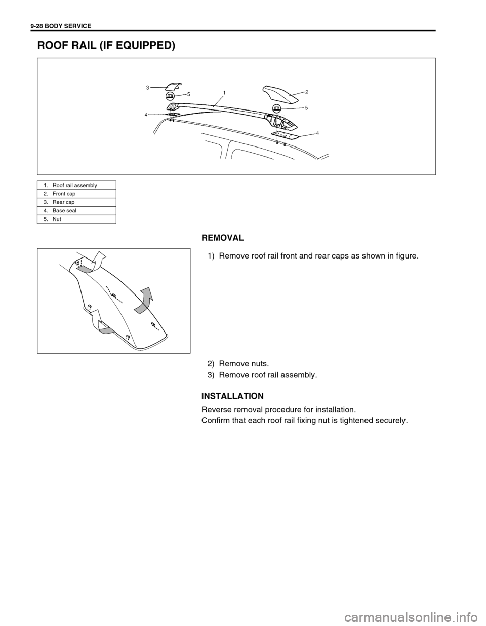 SUZUKI SWIFT 2000 1.G Transmission Service Workshop Manual 9-28 BODY SERVICE
ROOF RAIL (IF EQUIPPED)
REMOVAL
1) Remove roof rail front and rear caps as shown in figure.
2) Remove nuts.
3) Remove roof rail assembly.
INSTALLATION
Reverse removal procedure for i SUZUKI SWIFT 2000 1.G Transmission Service Workshop Manual 9-28 BODY SERVICE
ROOF RAIL (IF EQUIPPED)
REMOVAL
1) Remove roof rail front and rear caps as shown in figure.
2) Remove nuts.
3) Remove roof rail assembly.
INSTALLATION
Reverse removal procedure for i