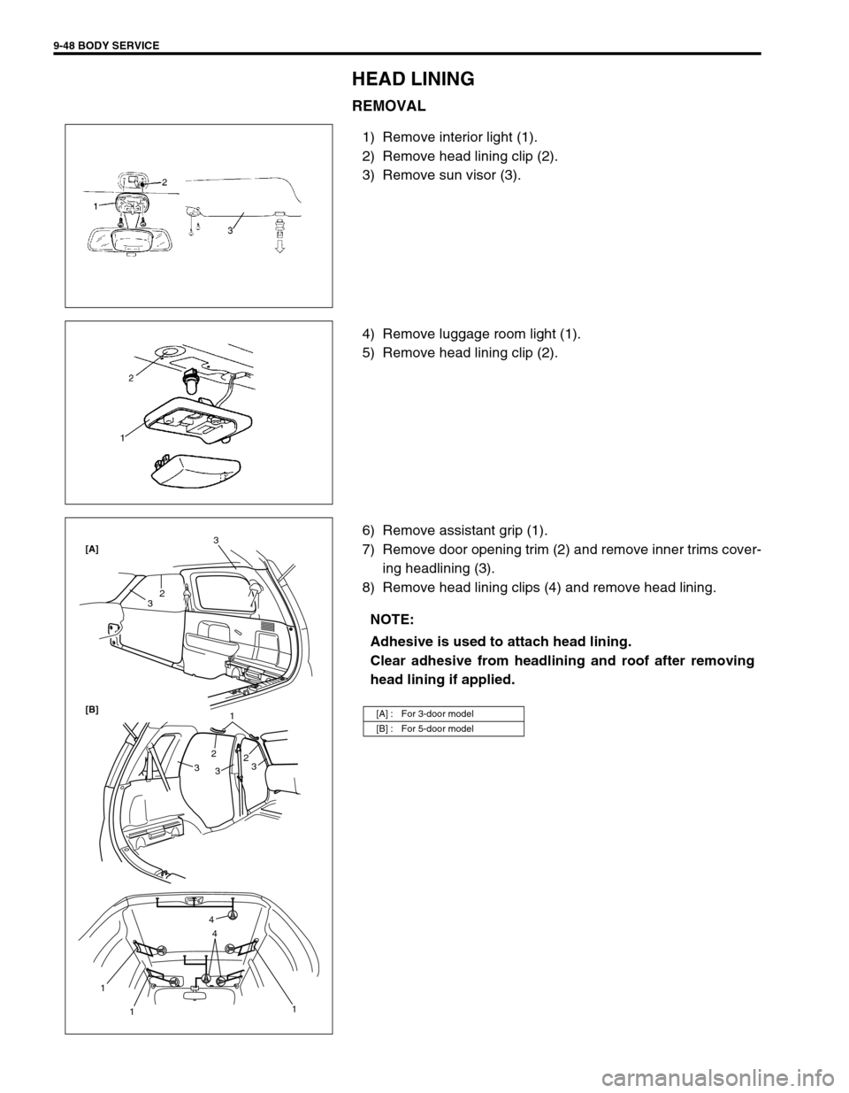 SUZUKI SWIFT 2000 1.G Transmission Service Workshop Manual 9-48 BODY SERVICE
HEAD LINING
REMOVAL
1) Remove interior light (1).
2) Remove head lining clip (2).
3) Remove sun visor (3).
4) Remove luggage room light (1).
5) Remove head lining clip (2).
6) Remove SUZUKI SWIFT 2000 1.G Transmission Service Workshop Manual 9-48 BODY SERVICE
HEAD LINING
REMOVAL
1) Remove interior light (1).
2) Remove head lining clip (2).
3) Remove sun visor (3).
4) Remove luggage room light (1).
5) Remove head lining clip (2).
6) Remove