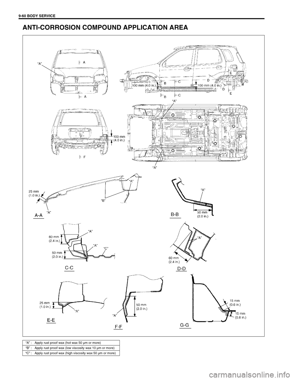 SUZUKI SWIFT 2000 1.G Transmission Service Workshop Manual 9-60 BODY SERVICE
ANTI-CORROSION COMPOUND APPLICATION AREA
“A” : Apply rust proof wax (hot wax 50 µm or more)
“B” : Apply rust proof wax (low viscosity wax 10 µm or more)
“C” : Apply rus SUZUKI SWIFT 2000 1.G Transmission Service Workshop Manual 9-60 BODY SERVICE
ANTI-CORROSION COMPOUND APPLICATION AREA
“A” : Apply rust proof wax (hot wax 50 µm or more)
“B” : Apply rust proof wax (low viscosity wax 10 µm or more)
“C” : Apply rus