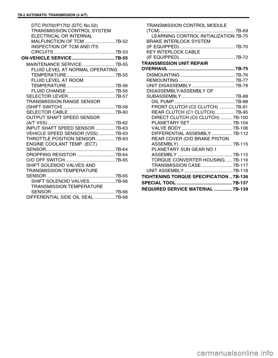 SUZUKI SWIFT 2000 1.G Transmission Service Workshop Manual 7B-2 AUTOMATIC TRANSMISSION (4 A/T)
DTC P0702/P1702 (DTC No.52)
TRANSMISSION CONTROL SYSTEM
ELECTRICAL OR INTERNAL
MALFUNCTION OF TCM ....................... 7B-52
INSPECTION OF TCM AND ITS
CIRCUI SUZUKI SWIFT 2000 1.G Transmission Service Workshop Manual 7B-2 AUTOMATIC TRANSMISSION (4 A/T)
DTC P0702/P1702 (DTC No.52)
TRANSMISSION CONTROL SYSTEM
ELECTRICAL OR INTERNAL
MALFUNCTION OF TCM ....................... 7B-52
INSPECTION OF TCM AND ITS
CIRCUI