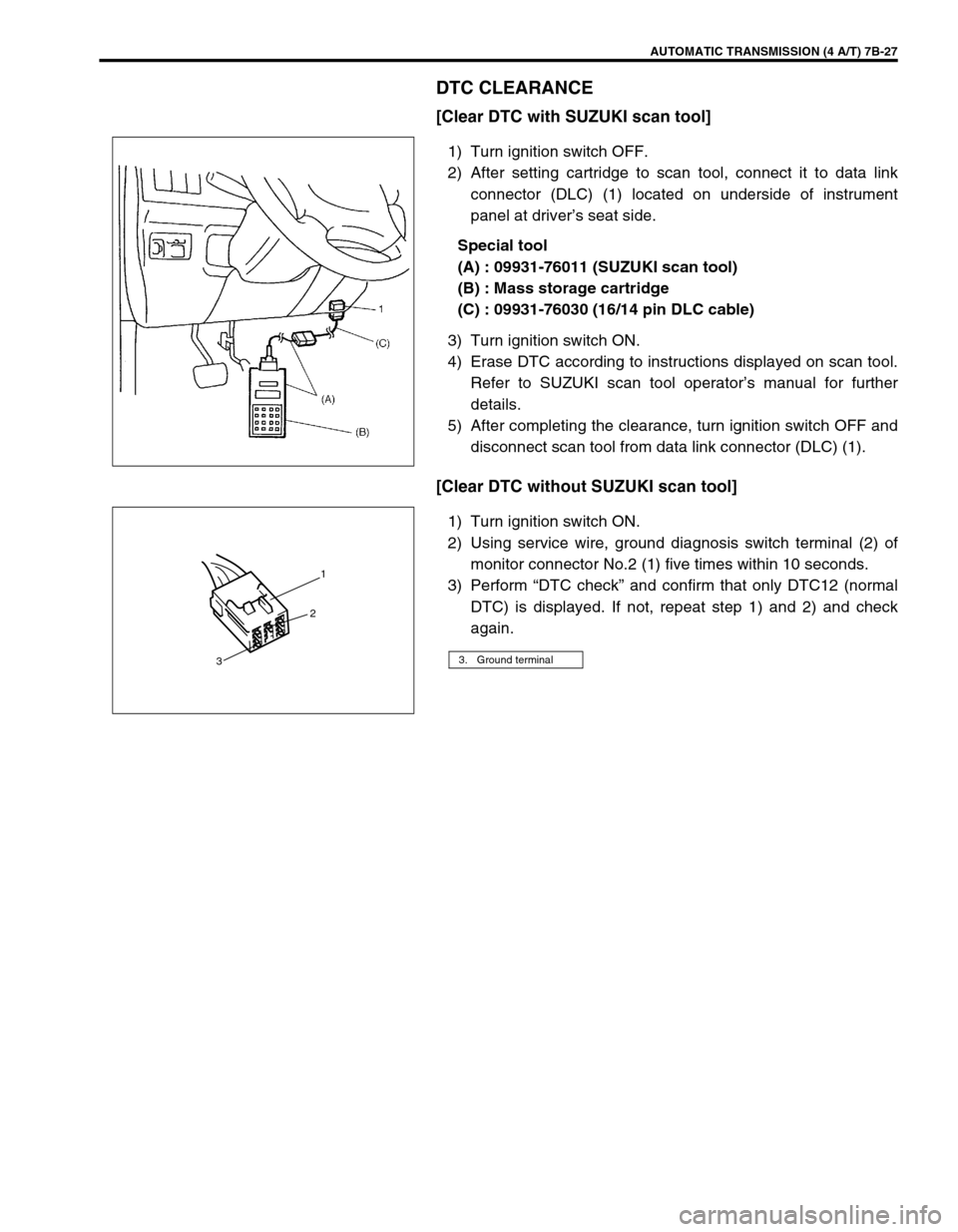 SUZUKI SWIFT 2000 1.G Transmission Service Workshop Manual AUTOMATIC TRANSMISSION (4 A/T) 7B-27
DTC CLEARANCE
[Clear DTC with SUZUKI scan tool]
1) Turn ignition switch OFF.
2) After setting cartridge to scan tool, connect it to data link
connector (DLC) (1) l