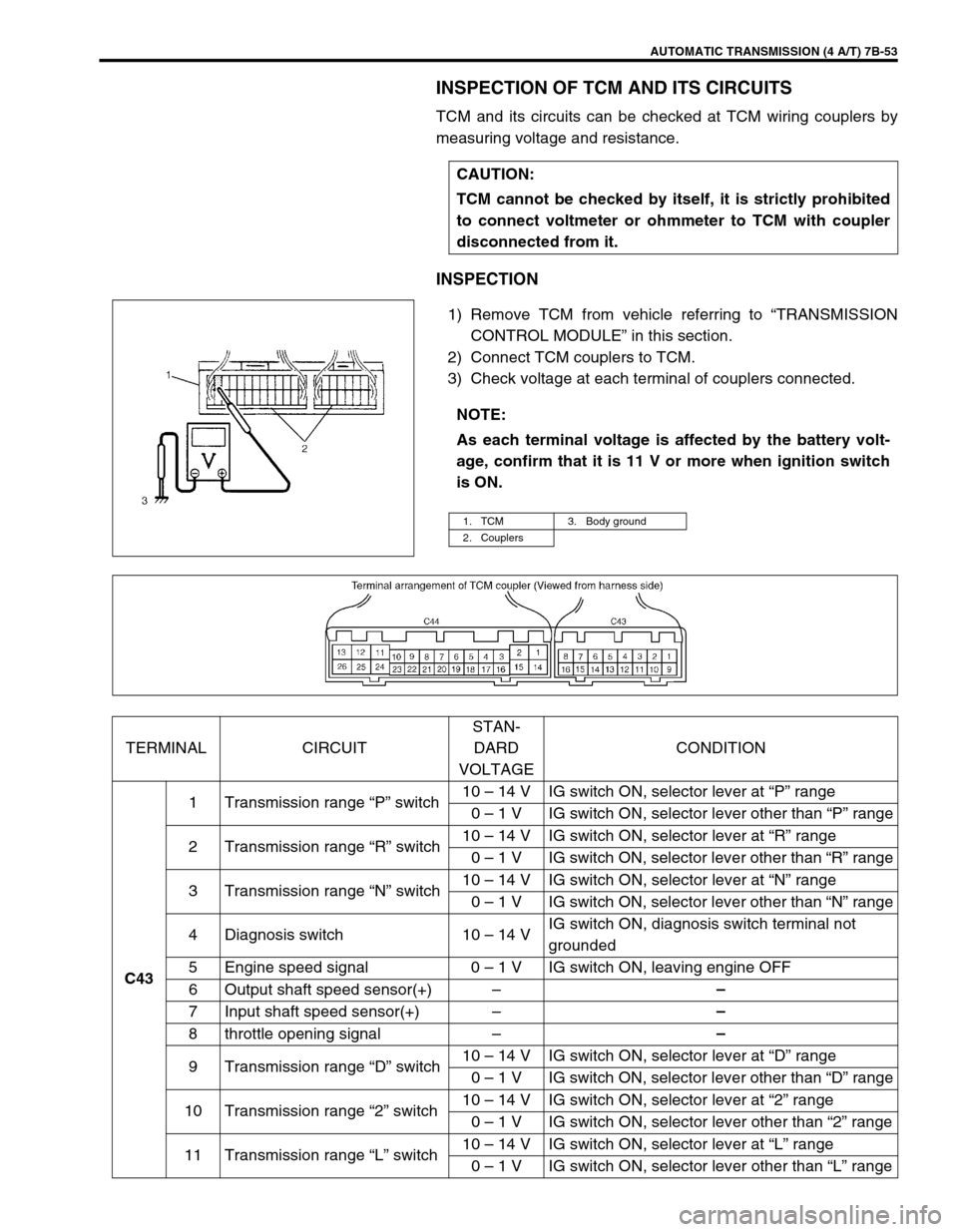 SUZUKI SWIFT 2000 1.G Transmission Service Owners Manual AUTOMATIC TRANSMISSION (4 A/T) 7B-53
INSPECTION OF TCM AND ITS CIRCUITS
TCM and its circuits can be checked at TCM wiring couplers by
measuring voltage and resistance.
INSPECTION
1) Remove TCM from ve