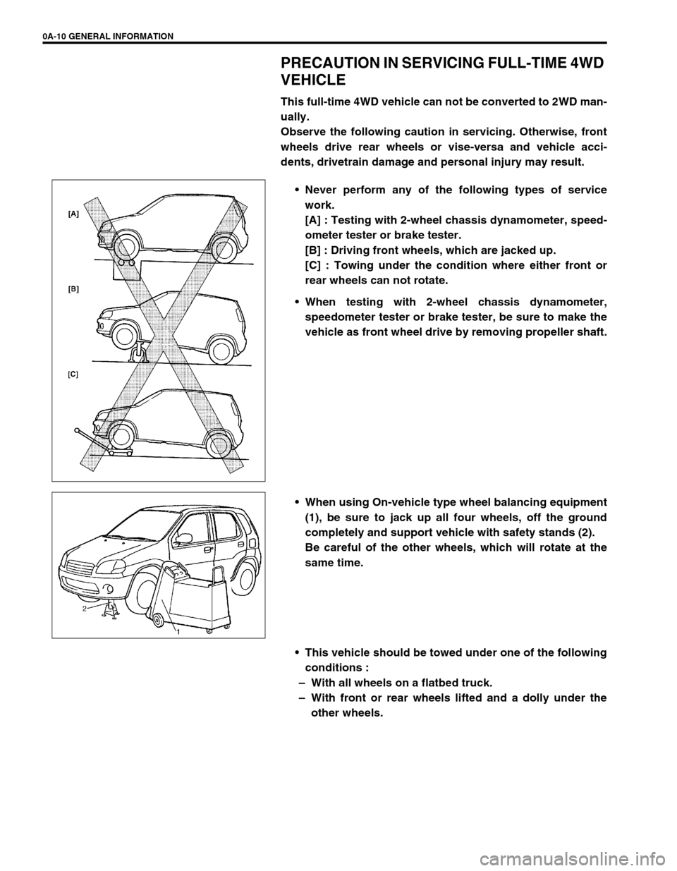 SUZUKI SWIFT 2000 1.G RG413 Service Workshop Manual 0A-10 GENERAL INFORMATION
PRECAUTION IN SERVICING FULL-TIME 4WD 
VEHICLE
This full-time 4WD vehicle can not be converted to 2WD man-
ually.
Observe the following caution in servicing. Otherwise, front