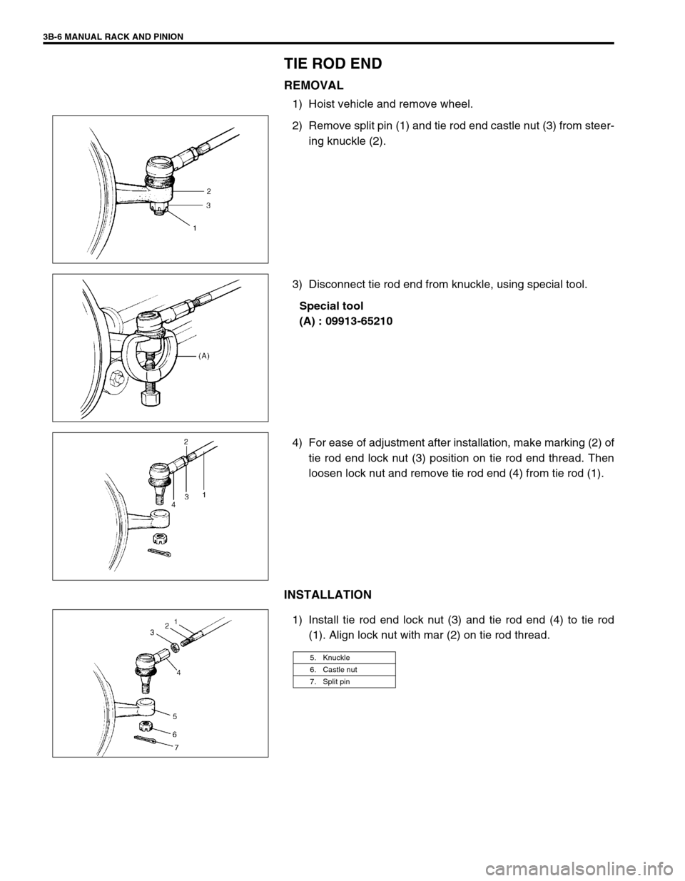 SUZUKI SWIFT 2000 1.G RG413 Service Workshop Manual 3B-6 MANUAL RACK AND PINION
TIE ROD END
REMOVAL
1) Hoist vehicle and remove wheel.
2) Remove split pin (1) and tie rod end castle nut (3) from steer-
ing knuckle (2).
3) Disconnect tie rod end from kn