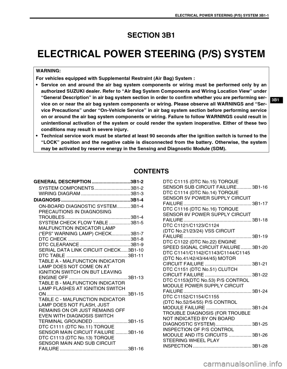 SUZUKI SWIFT 2000 1.G RG413 Service Workshop Manual ELECTRICAL POWER STEERING (P/S) SYSTEM 3B1-1
6F1
6F2
6G
6H
6K
7A
7A1
3B1
7D
7E
7F
8A
8B
8C
8D
8E
9
10
10A
10B
SECTION 3B1
ELECTRICAL POWER STEERING (P/S) SYSTEM
CONTENTS
GENERAL DESCRIPTION ..........
