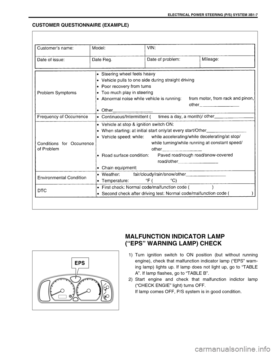 SUZUKI SWIFT 2000 1.G RG413 Service Workshop Manual ELECTRICAL POWER STEERING (P/S) SYSTEM 3B1-7
CUSTOMER QUESTIONNAIRE (EXAMPLE)
MALFUNCTION INDICATOR LAMP 
(“EPS” WARNING LAMP) CHECK
1) Turn ignition switch to ON position (but without running
eng