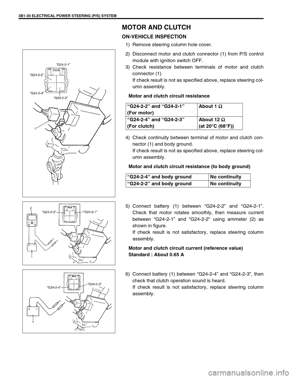 SUZUKI SWIFT 2000 1.G RG413 Service Workshop Manual 3B1-30 ELECTRICAL POWER STEERING (P/S) SYSTEM
MOTOR AND CLUTCH
ON-VEHICLE INSPECTION
1) Remove steering column hole cover.
2) Disconnect motor and clutch connector (1) from P/S control
module with ign